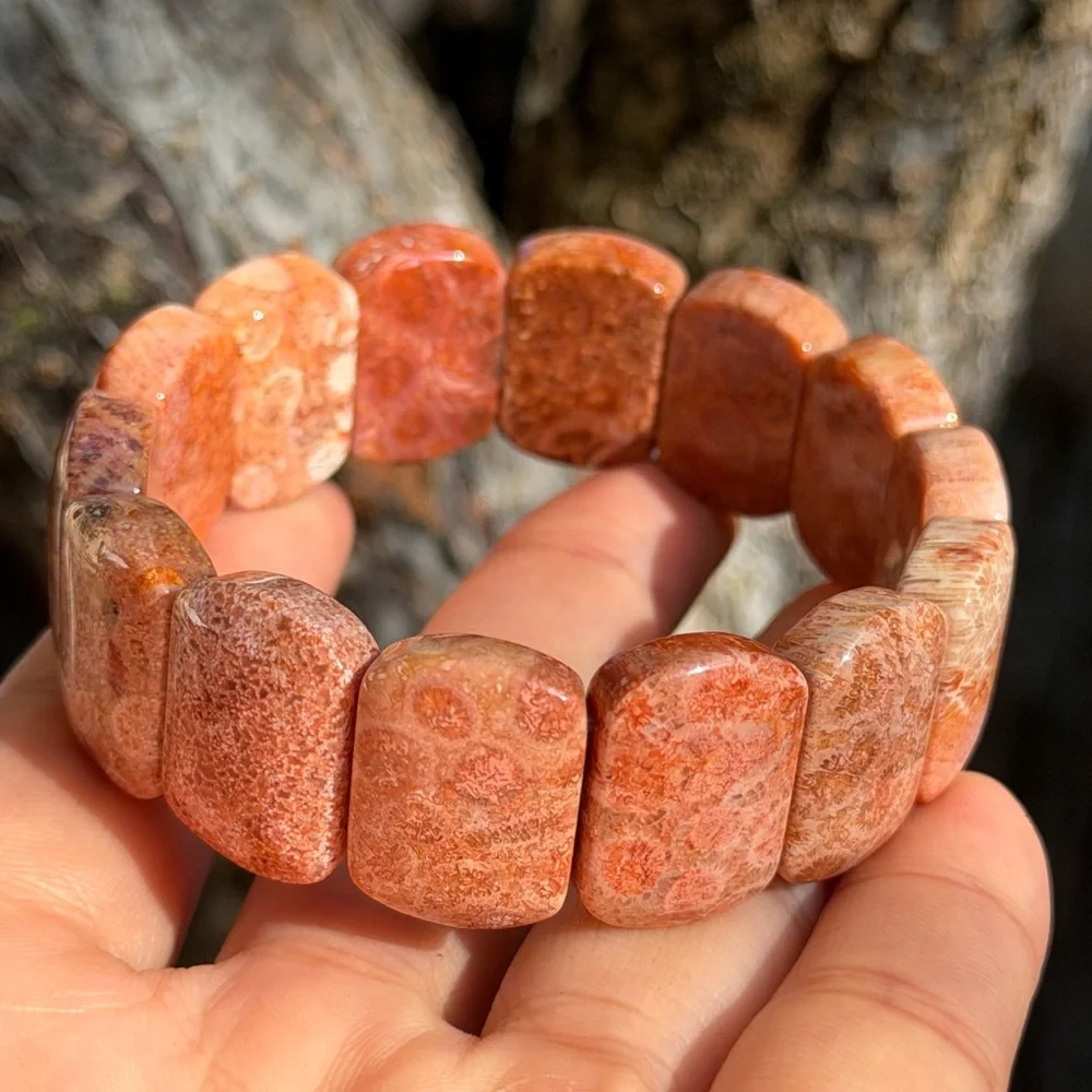 Stretchable red fossilized coral‎ soft bangle 0699